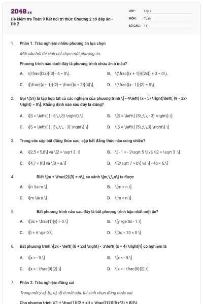 Đề kiểm tra Toán 9 Kết nối tri thức Chương 2 có đáp án - Đề 2