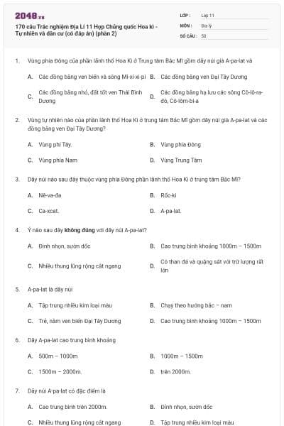 170 câu Trắc nghiệm Địa Lí 11 Hợp Chủng quốc Hoa kì - Tự nhiên và dân cư (có đáp án) (phần 2)