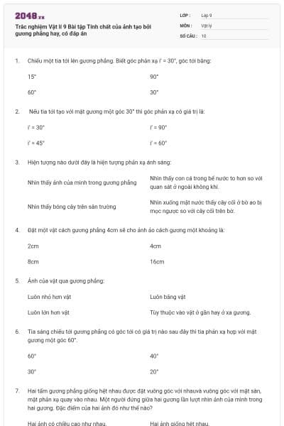 Trắc nghiệm Vật lí 9 Bài tập Tính chất của ảnh tạo bởi gương phẳng hay, có đáp án
