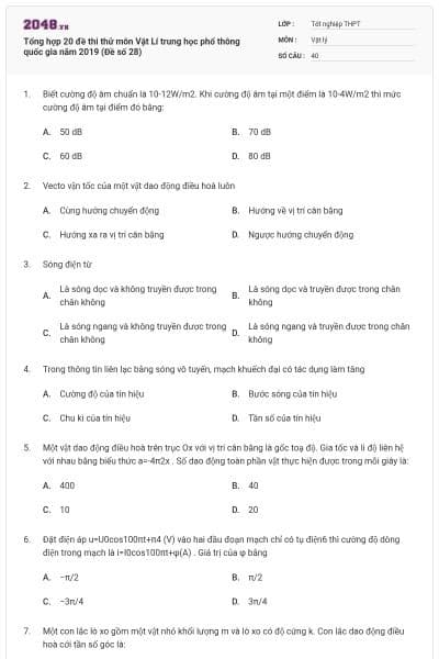 Tổng hợp 20 đề thi thử môn Vật Lí trung học phổ thông quốc gia năm 2019 (Đề số 28)
