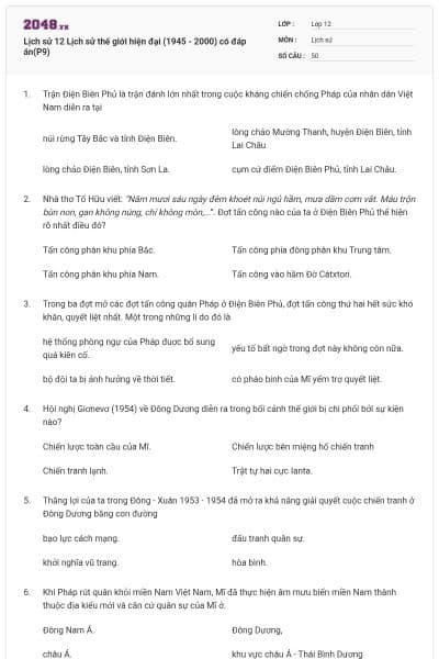 Lịch sử 12 Lịch sử thế giới hiện đại (1945 - 2000) có đáp án(P9)