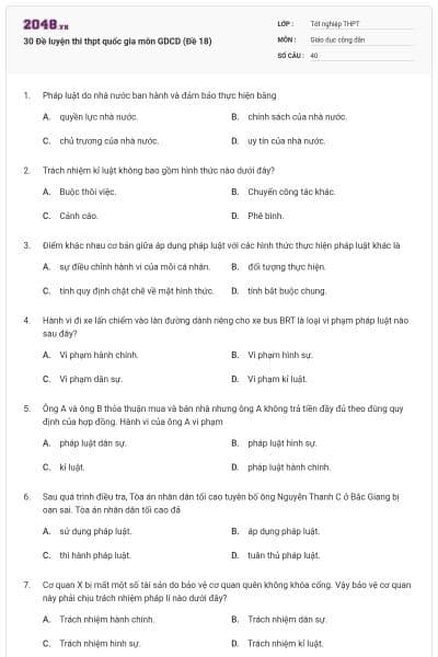 30 Đề luyện thi thpt quốc gia môn GDCD (Đề 18)