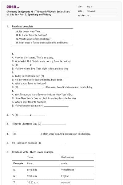 Đề cương ôn tập giữa kì 1 Tiếng Anh 5 iLearn Smart Start có đáp án - Part 5. Speaking and Writing