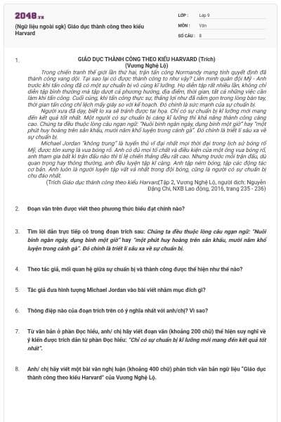 (Ngữ liệu ngoài sgk) Giáo dục thành công theo kiểu Harvard