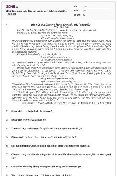 (Ngữ liệu ngoài sgk) Sức gợi tả của hình ảnh trong bài thơ Thu điếu