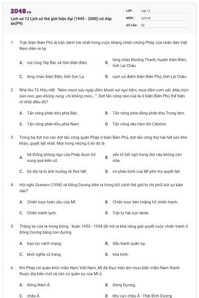 Lịch sử 12 Lịch sử thế giới hiện đại (1945 - 2000) có đáp án(P9)