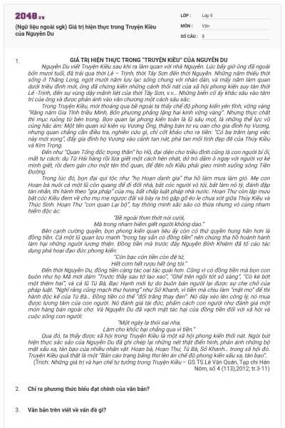 (Ngữ liệu ngoài sgk) Giá trị hiện thực trong Truyện Kiều của Nguyễn Du