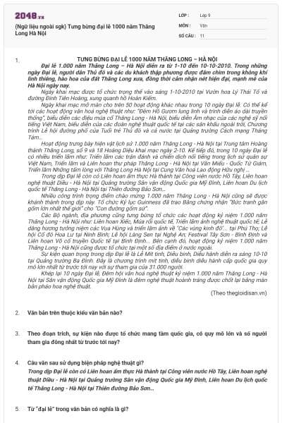 (Ngữ liệu ngoài sgk) Tưng bừng đại lễ 1000 năm Thăng Long Hà Nội