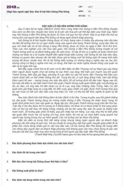 (Ngữ liệu ngoài sgk) Độc đáo lễ hội Đền Gióng Phù Đổng