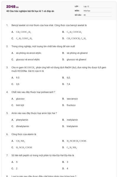 40 Câu trắc nghiệm bài thi học kì 1 có đáp án
