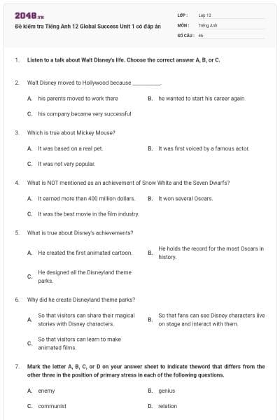 Đề kiểm tra Tiếng Anh 12 Global Success Unit 1 có đáp án