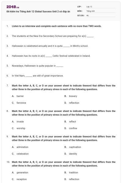 Đề kiểm tra Tiếng Anh 12 Global Success Unit 2 có đáp án