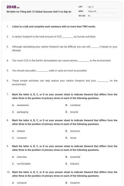 Đề kiểm tra Tiếng Anh 12 Global Success Unit 3 có đáp án