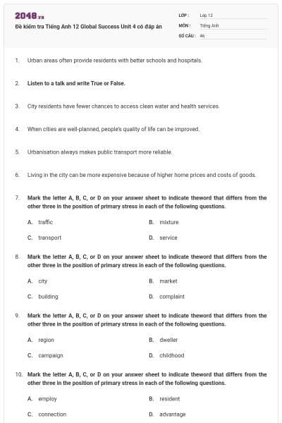Đề kiểm tra Tiếng Anh 12 Global Success Unit 4 có đáp án