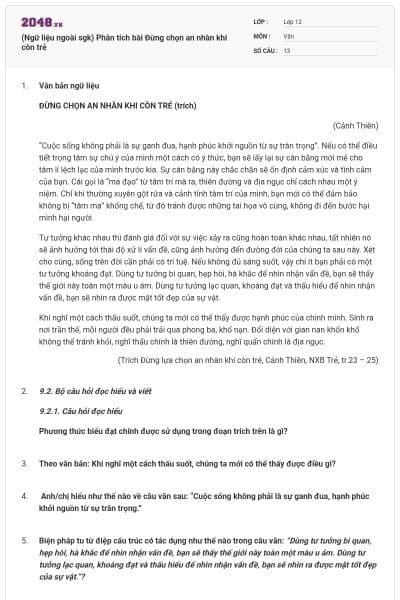 (Ngữ liệu ngoài sgk) Phân tích bài Đừng chọn an nhàn khi còn trẻ