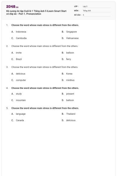 Đề cương ôn tập Cuối kì 1 Tiếng Anh 5 iLearn Smart Start có đáp án - Part 1. Pronunciation