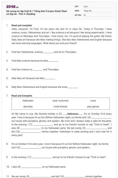 Đề cương ôn tập Cuối kì 1 Tiếng Anh 5 iLearn Smart Start có đáp án - Part 4. Reading