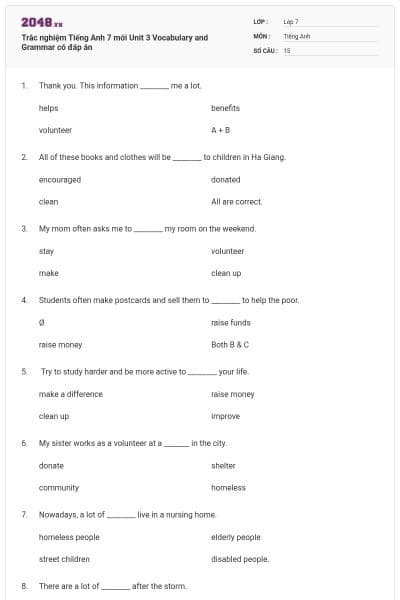 Trắc nghiệm Tiếng Anh 7 mới Unit 3 Vocabulary and Grammar có đáp án