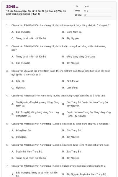 13 câu Trắc nghiệm Địa Lí 12 Bài 22 (có đáp án): Vấn đề phát triển nông nghiệp (Phần 4)