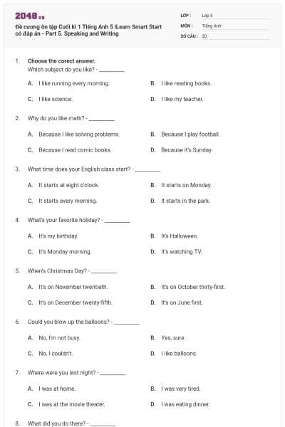 Đề cương ôn tập Cuối kì 1 Tiếng Anh 5 iLearn Smart Start có đáp án - Part 5. Speaking and Writing