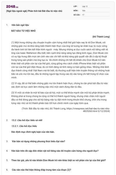 (Ngữ liệu ngoài sgk) Phân tích bài Bắt đầu từ việc nhỏ