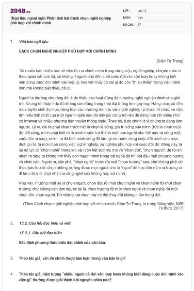 (Ngữ liệu ngoài sgk) Phân tích bài Cách chọn nghề nghiệp phù hợp với chính mình
