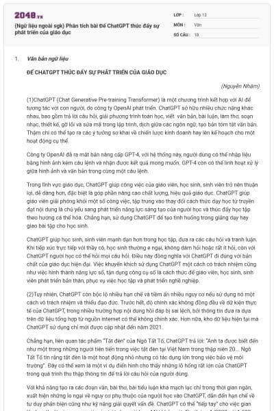 (Ngữ liệu ngoài sgk) Phân tích bài Để ChatGPT thúc đẩy sự phát triển của giáo dục
