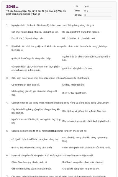 13 câu Trắc nghiệm Địa Lí 12 Bài 22 (có đáp án): Vấn đề phát triển nông nghiệp (Phần 5)