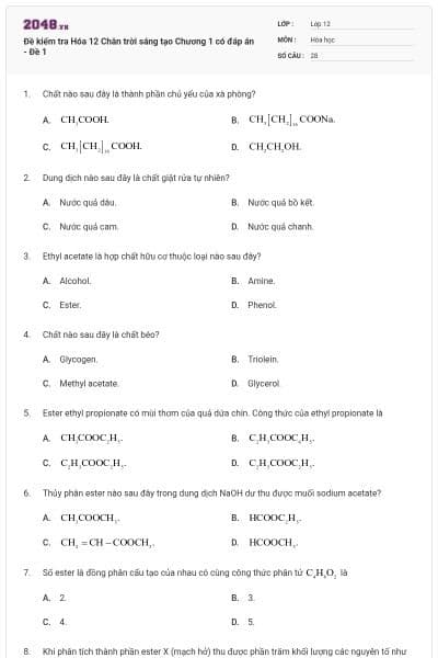Đề kiểm tra Hóa 12 Chân trời sáng tạo Chương 1 có đáp án - Đề 1