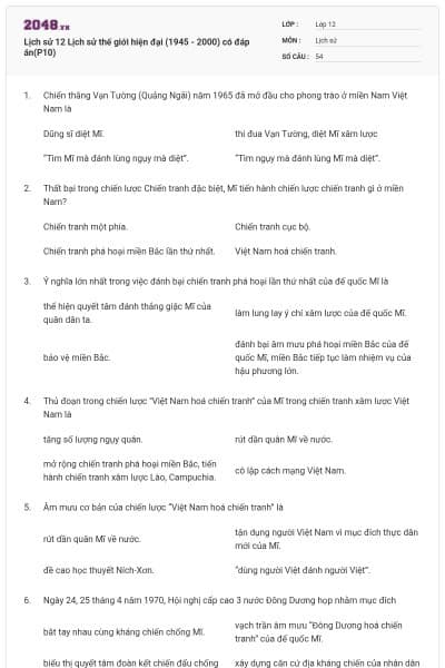 Lịch sử 12 Lịch sử thế giới hiện đại (1945 - 2000) có đáp án(P10)