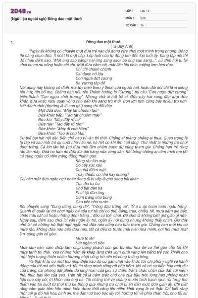 (Ngữ liệu ngoài sgk) Đồng dao một thưở