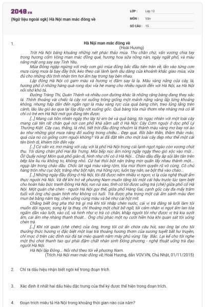 (Ngữ liệu ngoài sgk) Hà Nội man mác đông về