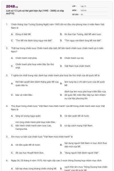 Lịch sử 12 Lịch sử thế giới hiện đại (1945 - 2000) có đáp án(P10)