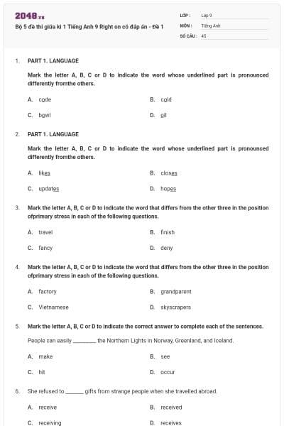 Bộ 5 đề thi giữa kì 1 Tiếng Anh 9 Right on có đáp án - Đề 1