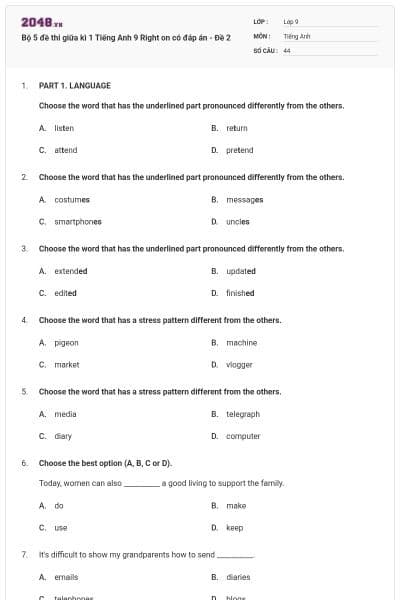 Bộ 5 đề thi giữa kì 1 Tiếng Anh 9 Right on có đáp án - Đề 2