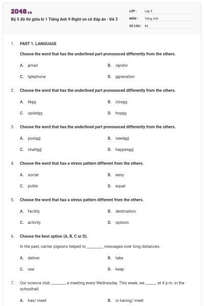 Bộ 5 đề thi giữa kì 1 Tiếng Anh 9 Right on có đáp án - Đề 3