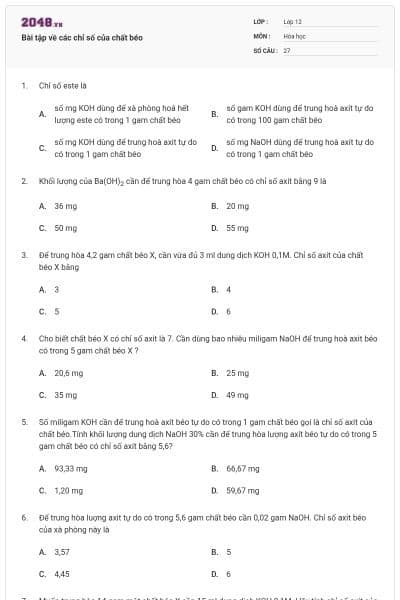 Bài tập về các chỉ số của chất béo