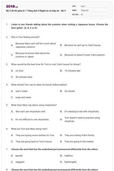 Bộ 5 đề thi giữa kì 1 Tiếng Anh 9 Right on có đáp án - Đề 5