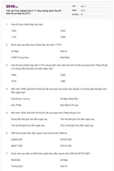 160 câu Trắc nghiệm Địa lí 11 Hợp chủng quốc Hoa Kì - kinh tế (có đáp án) (P1)