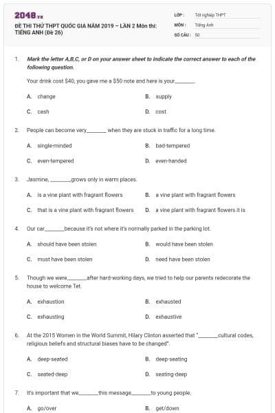 ĐỀ THI THỬ THPT QUỐC GIA NĂM 2019 – LẦN 2 Môn thi: TIẾNG ANH (Đề 26)