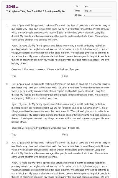 Trắc nghiệm Tiếng Anh 7 mới Unit 3 Reading có đáp án