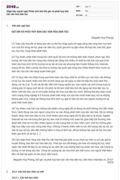 (Ngữ liệu ngoài sgk) Phân tích bài Giữ gìn và phát huy bản sắc văn hóa dân tộc