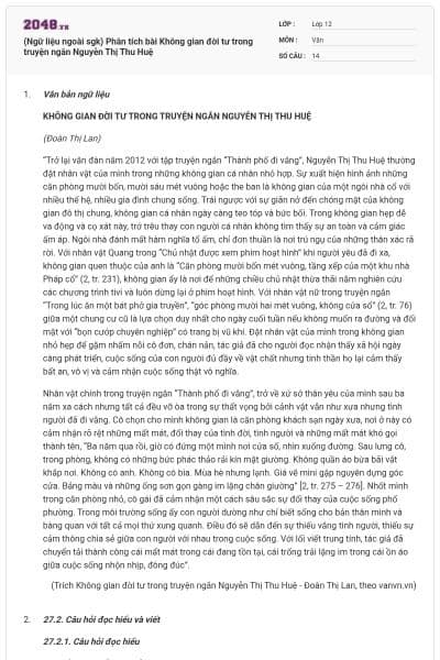 (Ngữ liệu ngoài sgk) Phân tích bài Không gian đời tư trong truyện ngắn Nguyễn Thị Thu Huệ