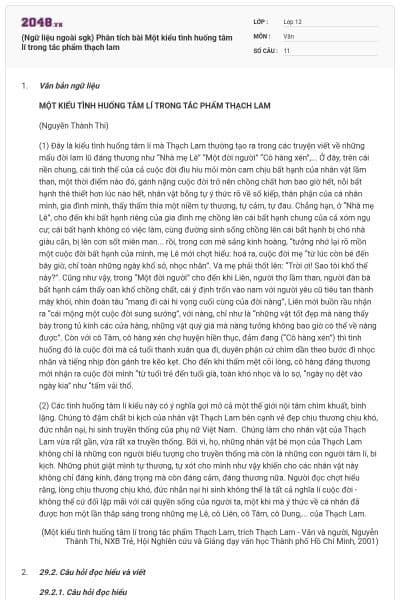 (Ngữ liệu ngoài sgk) Phân tích bài Một kiểu tình huống tâm lí trong tác phẩm thạch lam