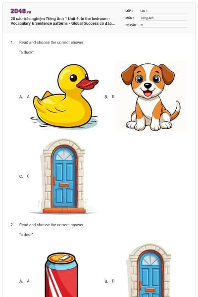 20 câu trắc nghiệm Tiếng Anh 1 Unit 4. In the bedroom - Vocabulary & Sentence patterns - Global Success có đáp án