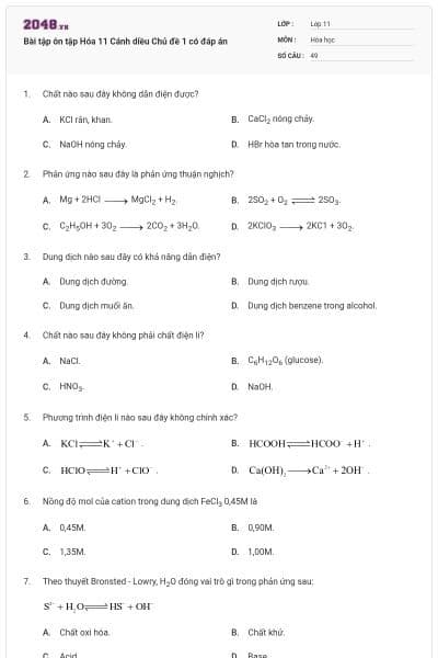 Bài tập ôn tập Hóa 11 Cánh diều Chủ đề 1 có đáp án