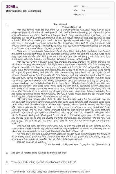 (Ngữ liệu ngoài sgk) Bạn nhậu cũ