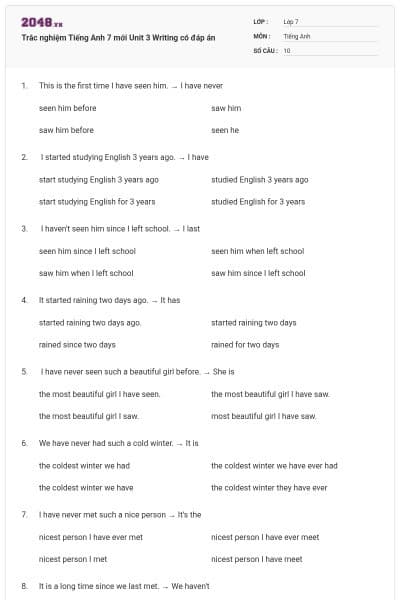 Trắc nghiệm Tiếng Anh 7 mới Unit 3 Writing có đáp án