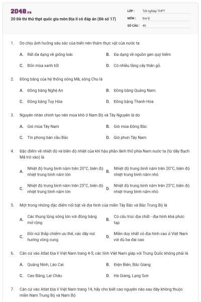 20 Đề thi thử thpt quốc gia môn Địa lí có đáp án (Đề số 17)
