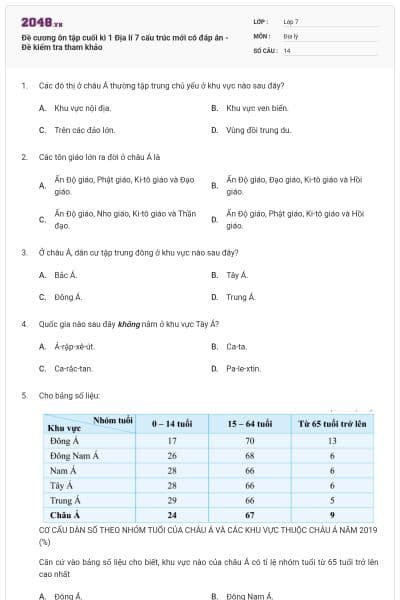 Đề cương ôn tập cuối kì 1 Địa lí 7 cấu trúc mới có đáp án - Đề kiểm tra tham khảo